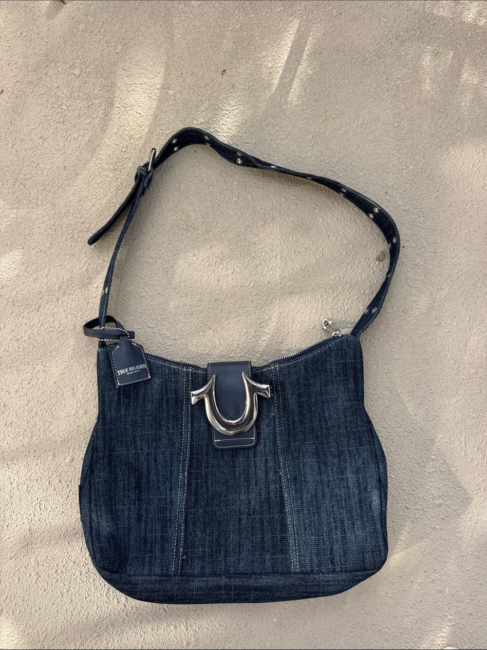 True Religion Dark Blue Denim Shoulder Bag with Silver Hardware